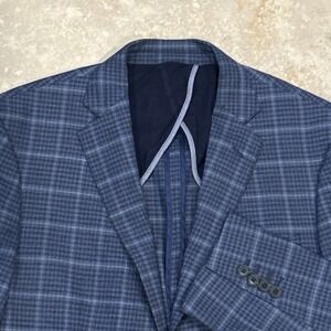 Cole Haan Grand OS Blazer Mens 42R Blue Plaid Wool Stretch 2 Button Sports Coat